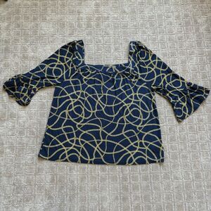 Michael Kors Blouse Women's Large Navy Gold Chain Nautical Peasant MK Logo NWT